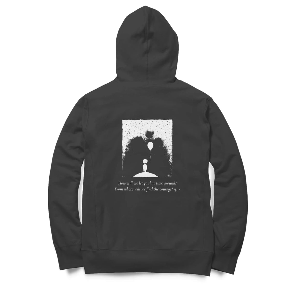 Balloon Girl Hoodie (Black, Ak chest logo front / sketch + quote back) - Back