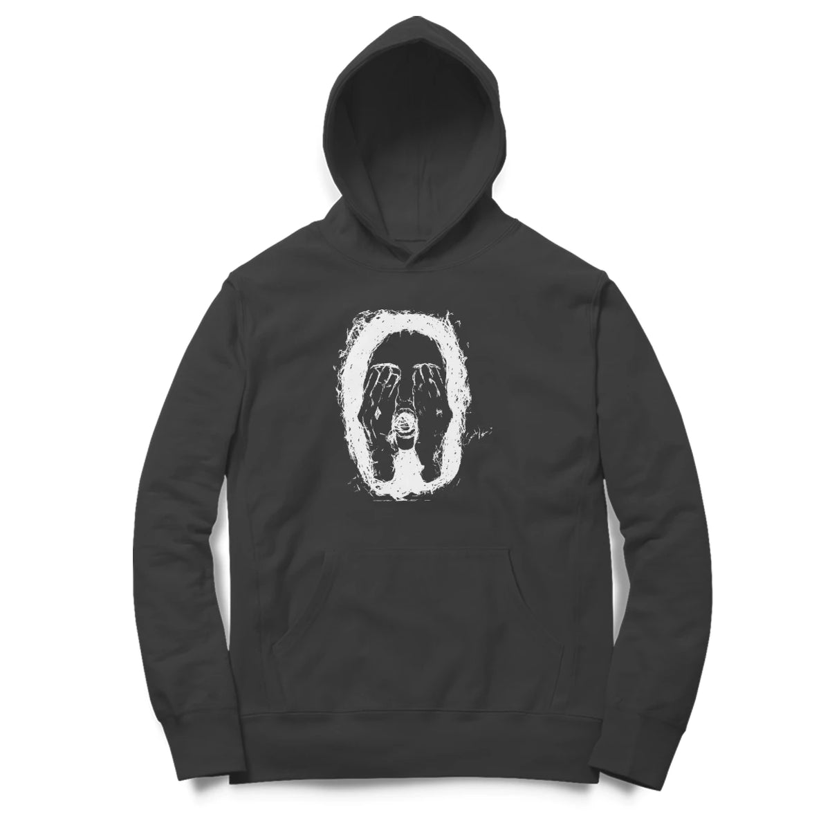 Hidden Face Hoodie – Sketch front only – Black (front)