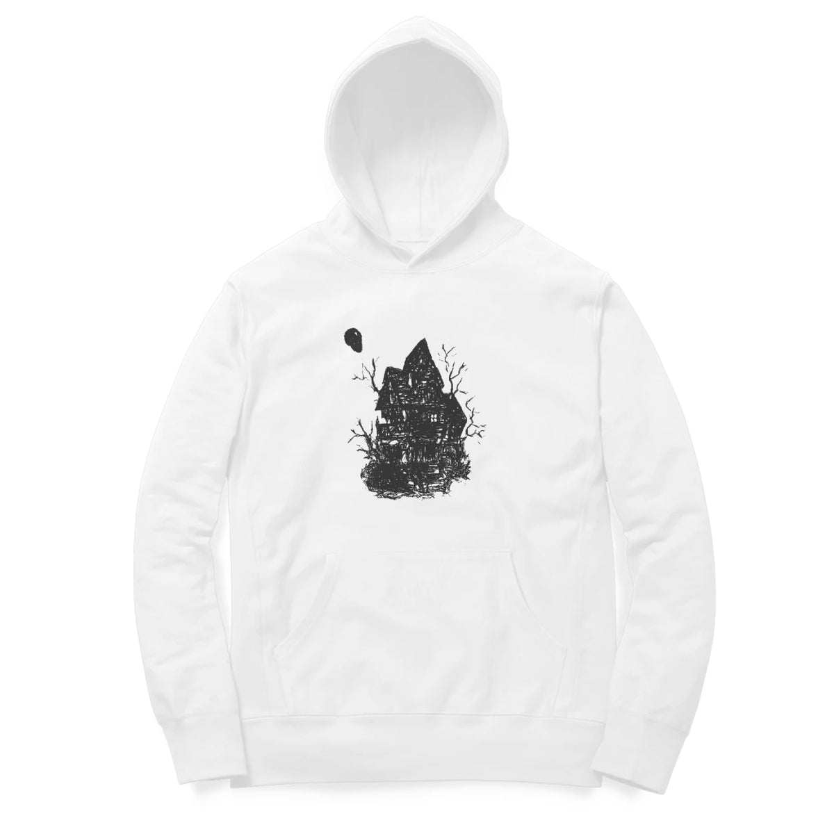 Haunted House Hoodie – Sketch front only – White (front)