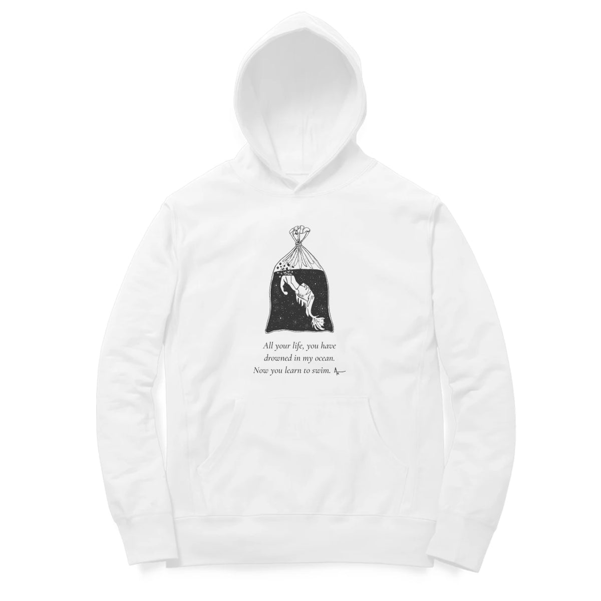 Fish in a Bag Hoodie – Sketch + poem front – White (front)