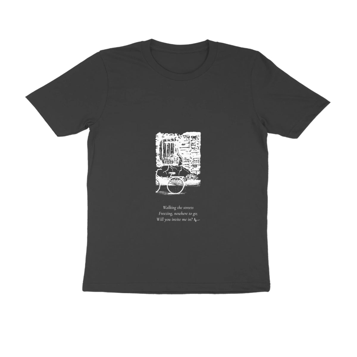 Window & Cart Tee – Sketch + poem front – Black (front)