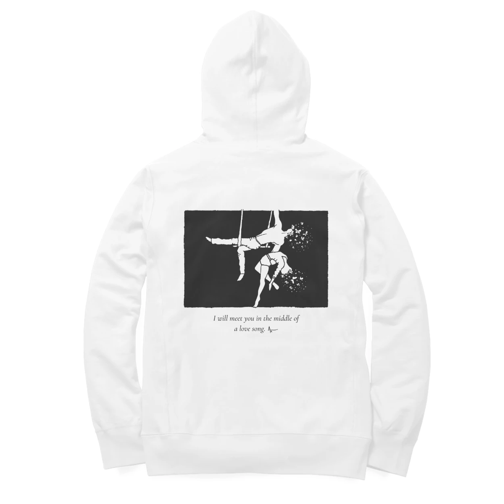 Aerialists Hoodie (White, Ak chest logo front / sketch + quote back (Ak logo))