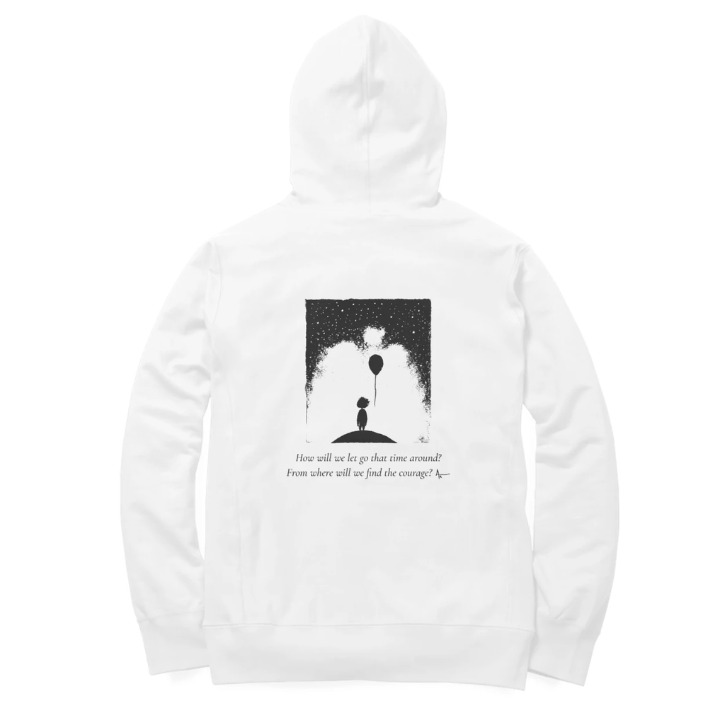 Balloon Girl Hoodie (White, Ak chest logo front / sketch + quote back (Ak logo))