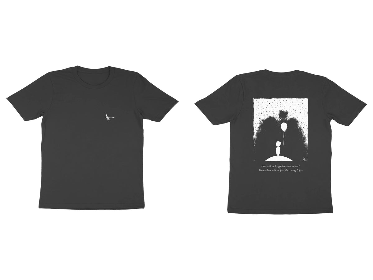 Balloon Girl Tee – Ak logo front, sketch + poem back – Black (front and back)