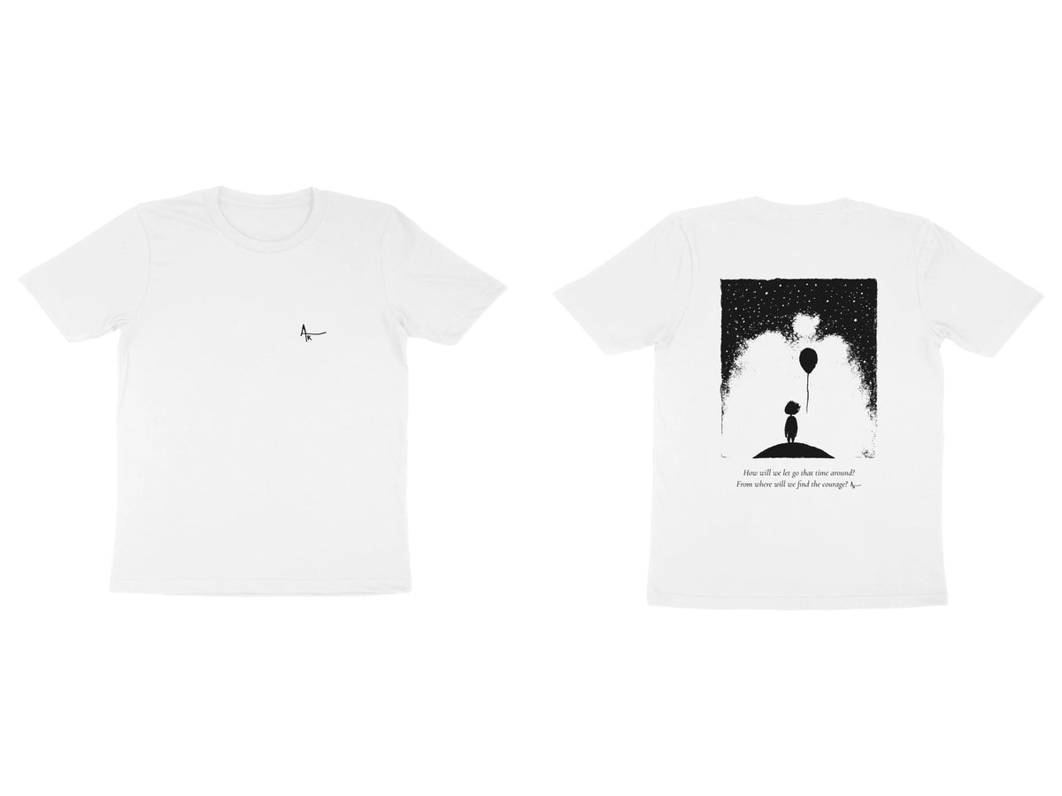 Balloon Girl Tee – Ak logo front, sketch + poem back – White (front and back)