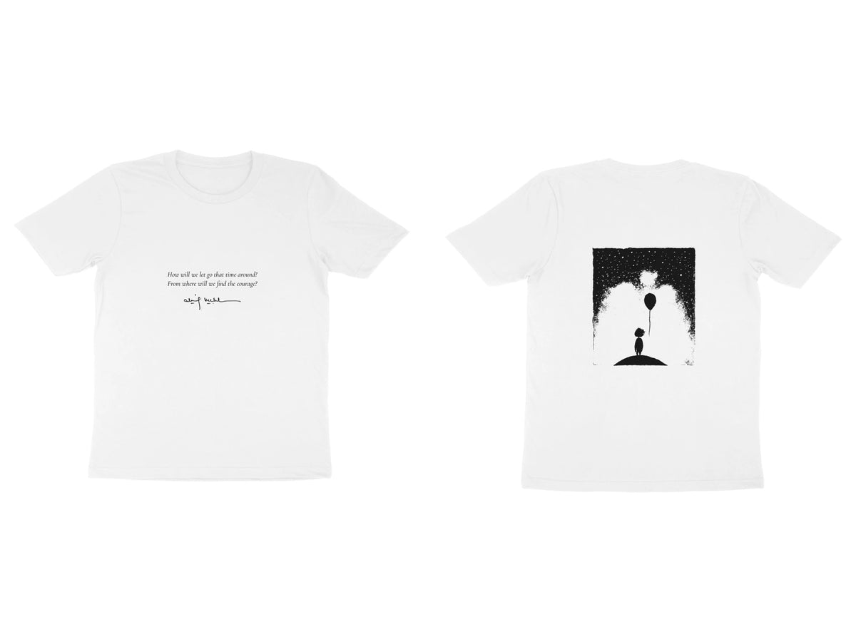 Balloon Girl Tee – Poem front, sketch back – White (front and back)