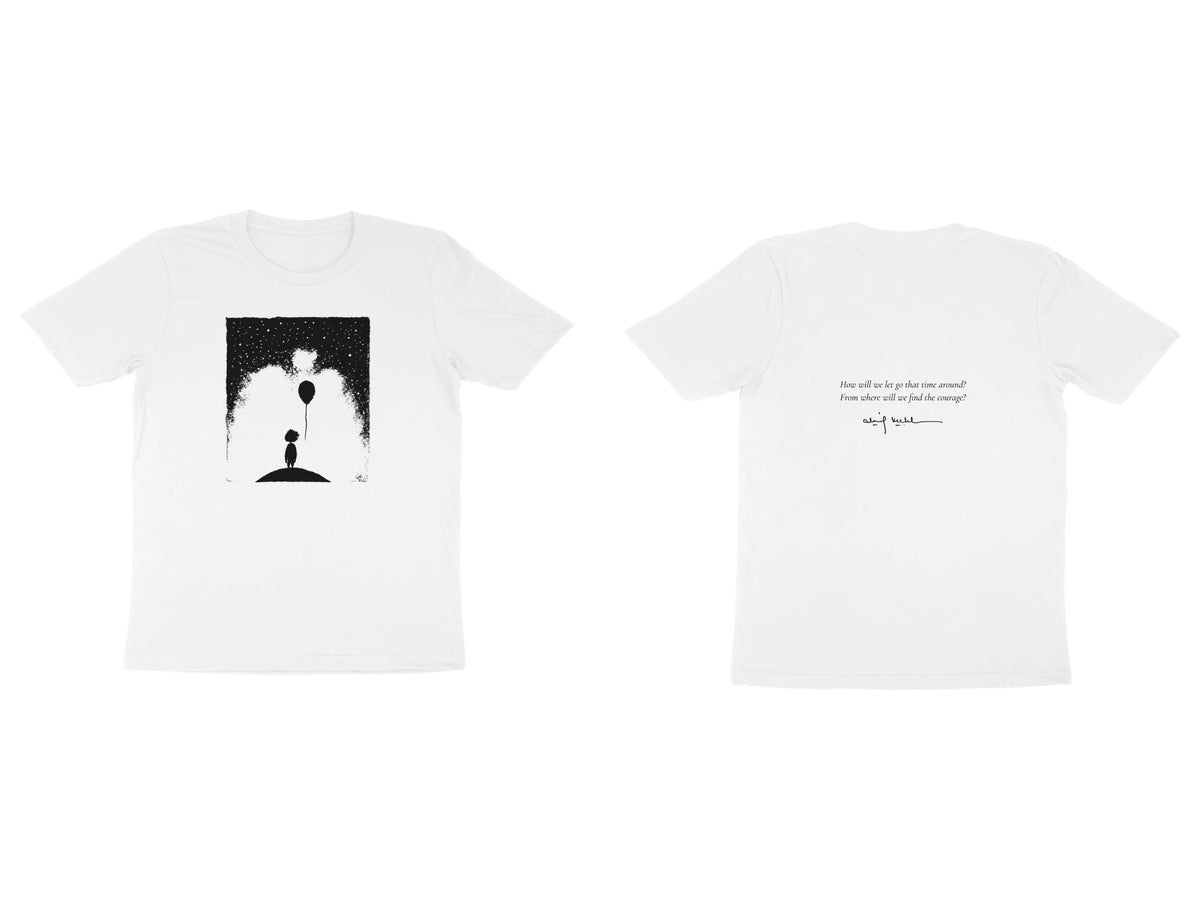 Balloon Girl Tee – Sketch front, poem back – White (front and back)