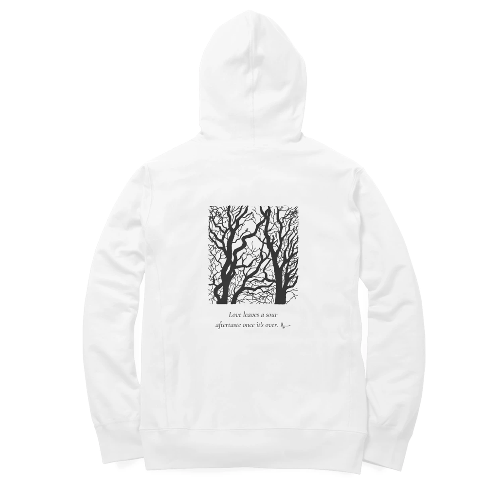 Bare Trees Hoodie (White, Ak chest logo front / sketch + quote back (Ak logo))