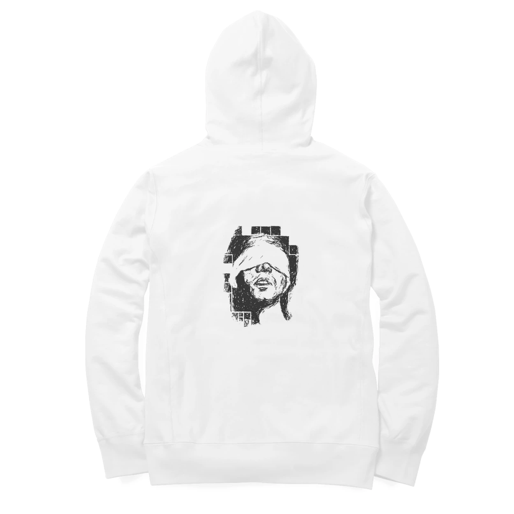 Blindfold Hoodie (White, Quote front / sketch back)