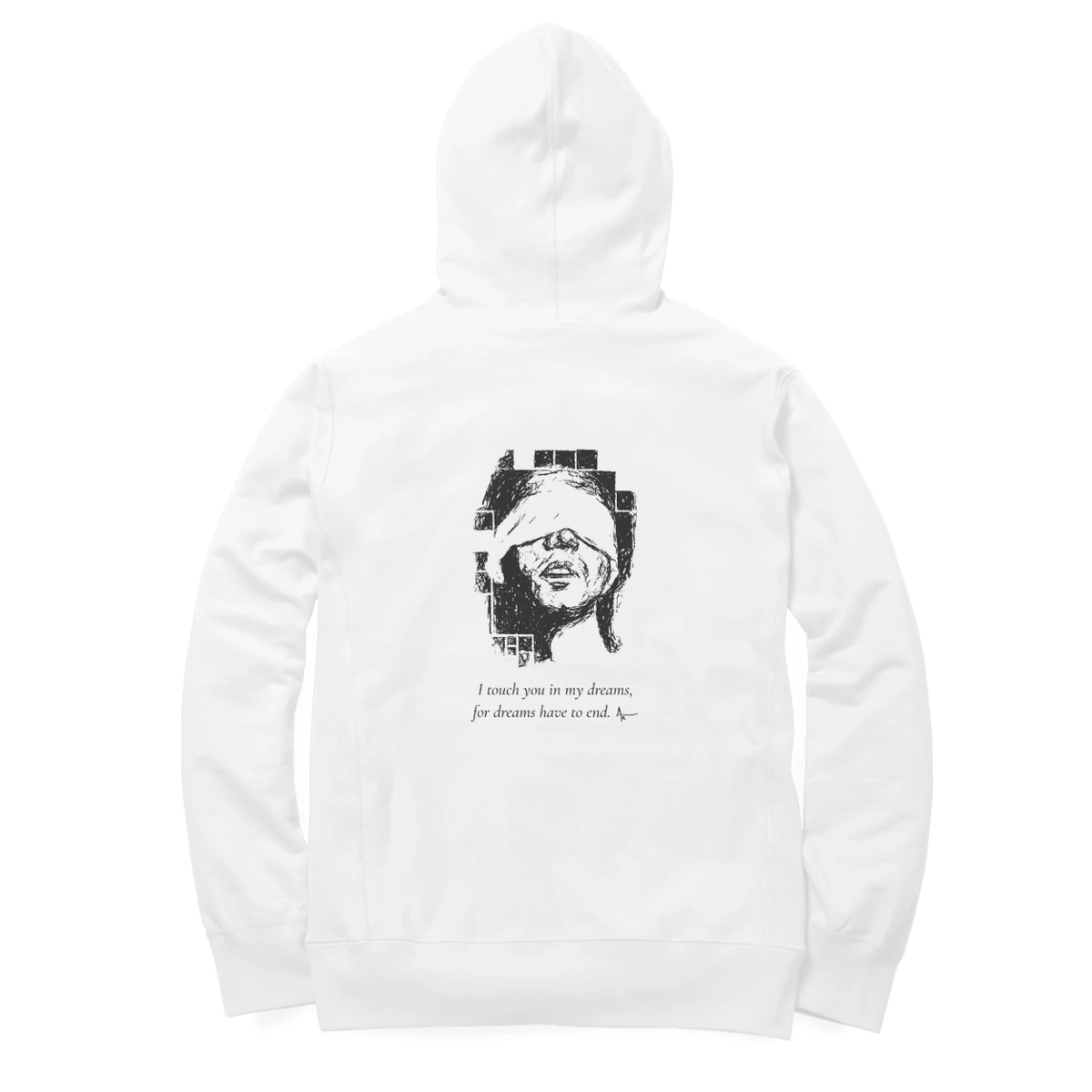 Blindfold Hoodie (White, Ak chest logo front / sketch + quote back (Ak logo))