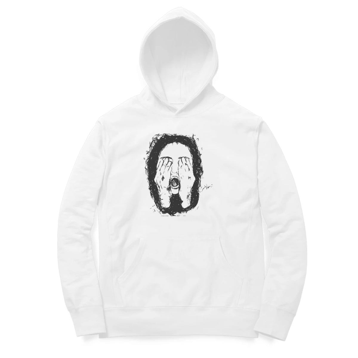Hidden Face Hoodie – Sketch front only – White (front)