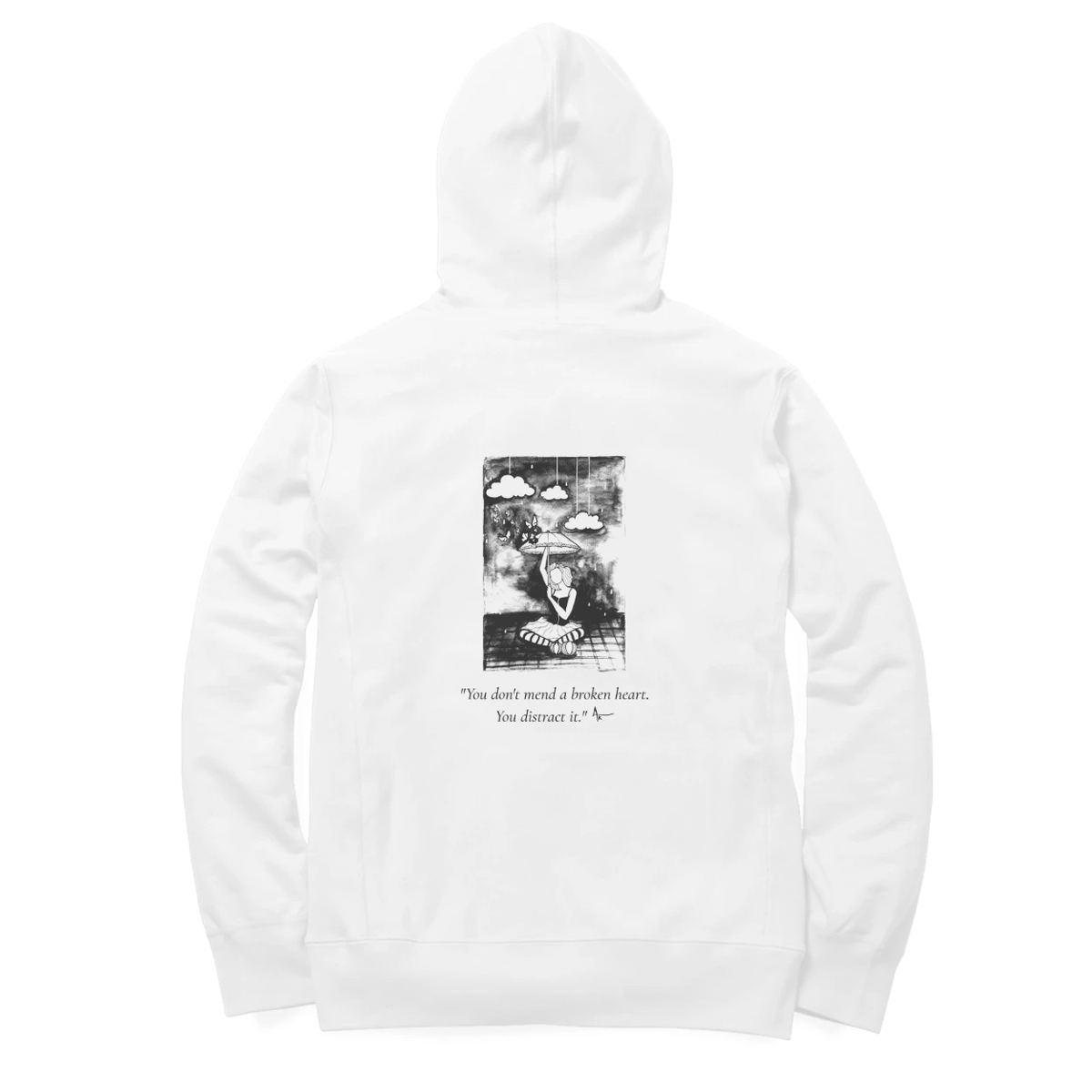 Cloud Dreamer Hoodie (White, Ak chest logo front / sketch + quote back (Ak logo))