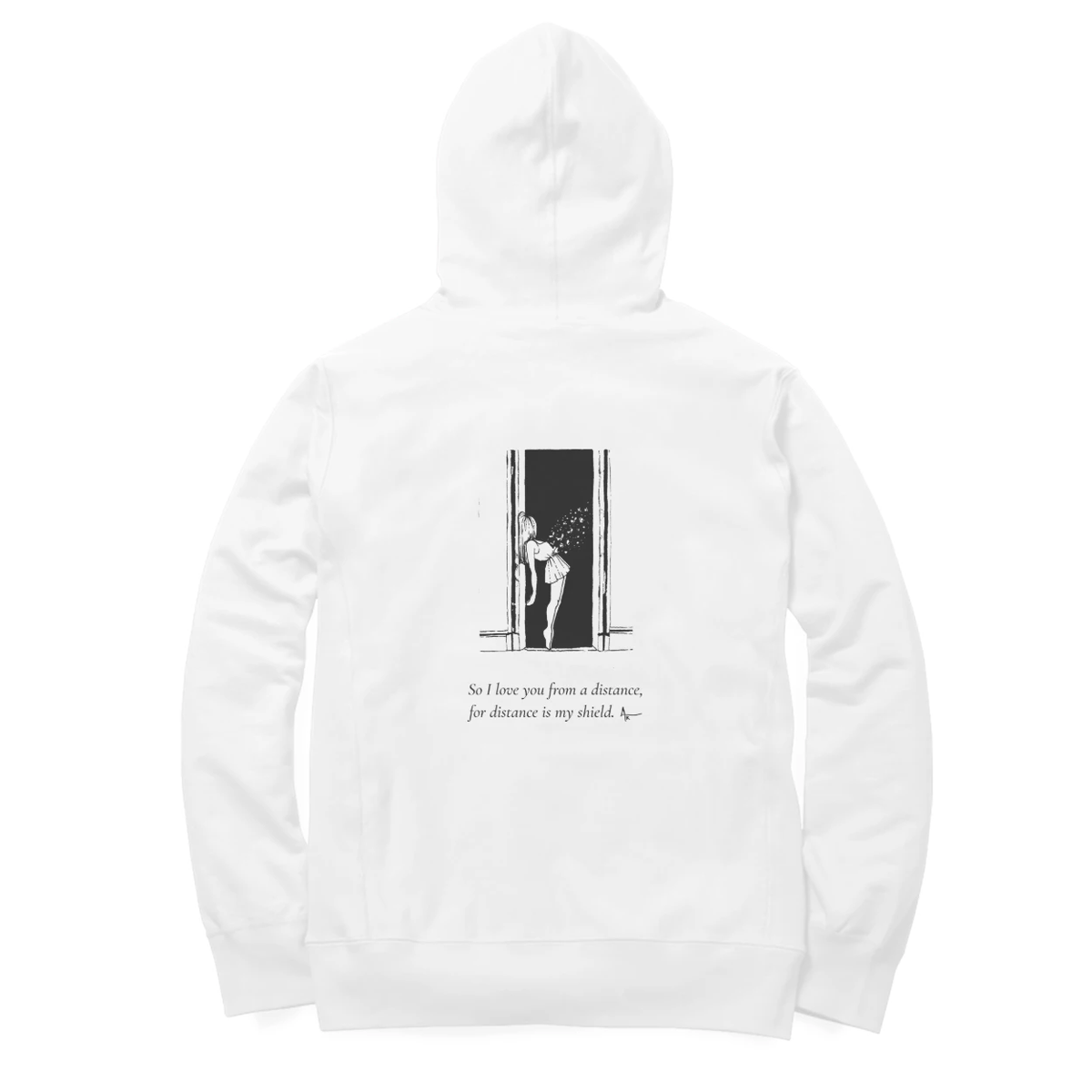 Doorway Hoodie (White, Ak chest logo front / sketch + quote back (Ak logo))