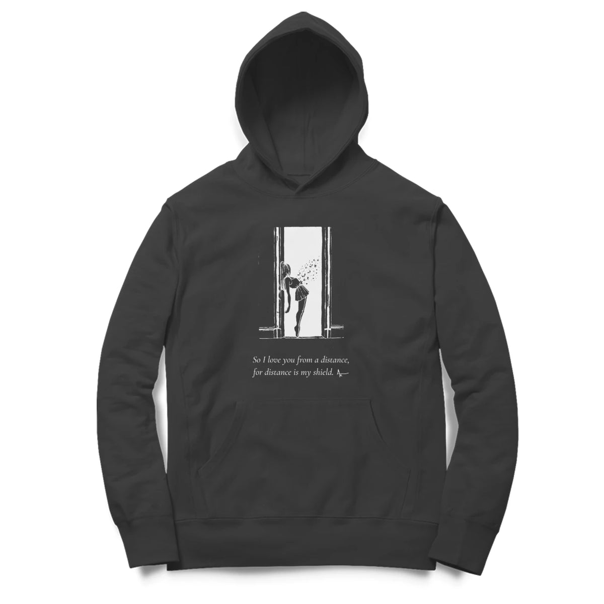 Doorway Hoodie – Sketch + poem front – Black (front)
