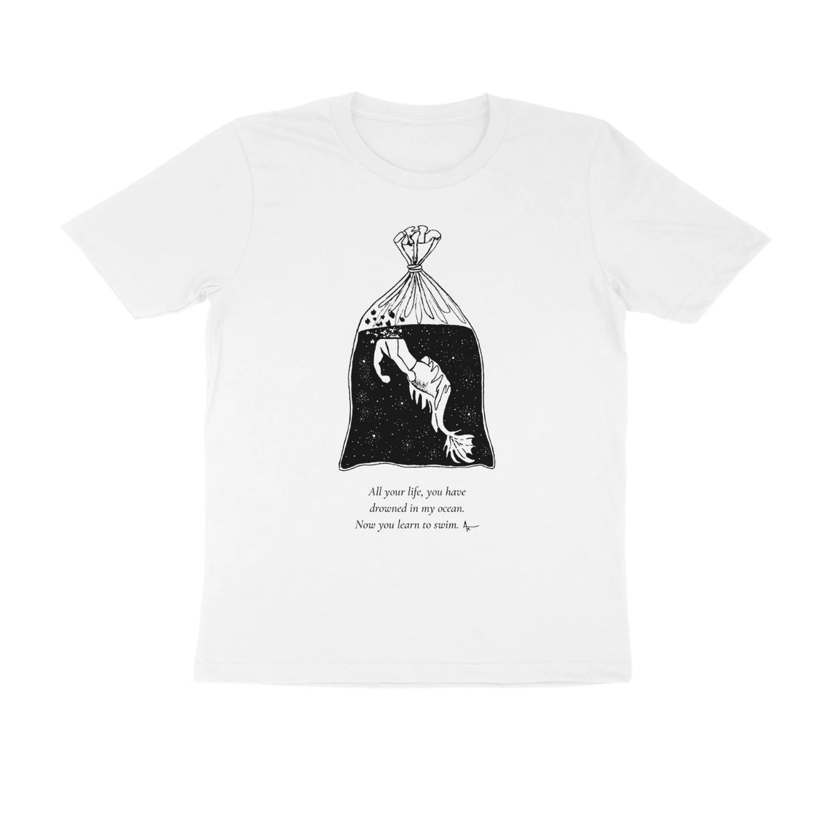 Fish in a Bag Tee (White, Sketch + quote front (Ak logo)) - White