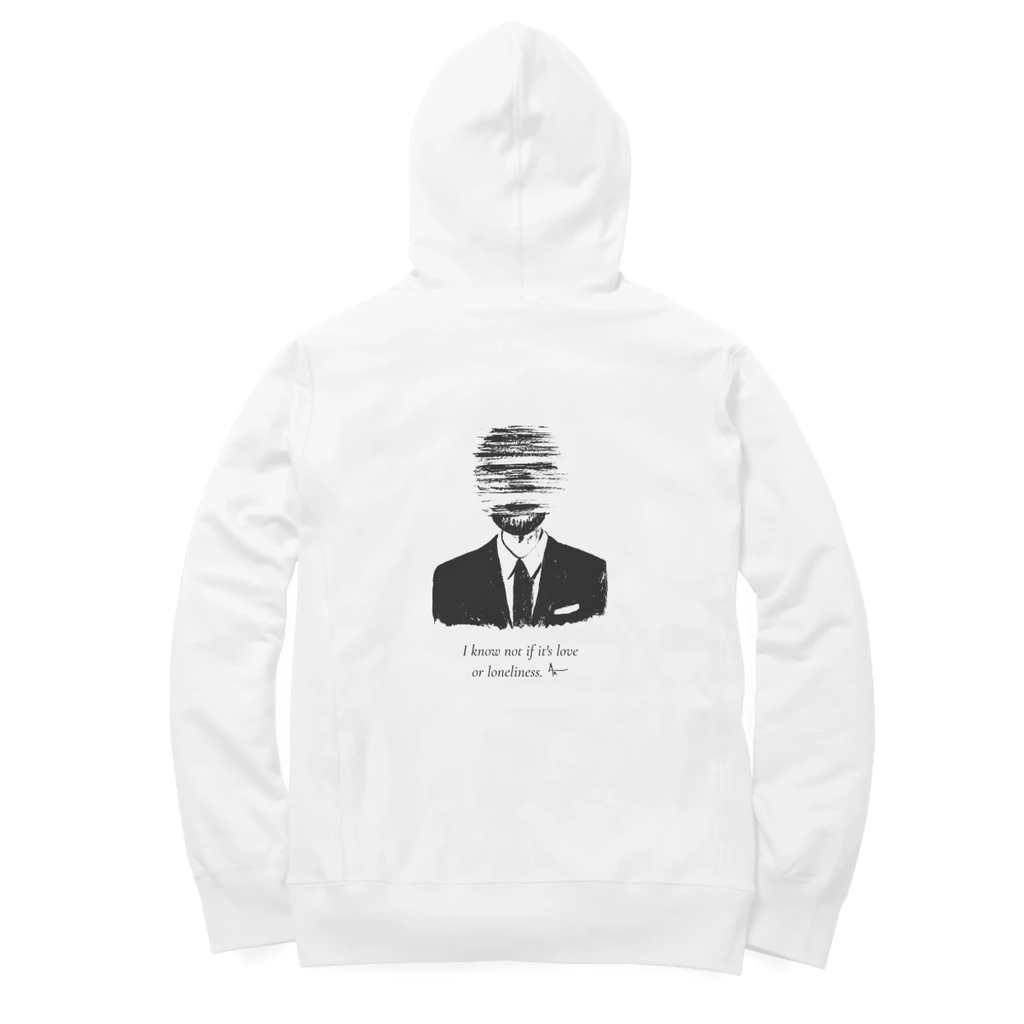 Faceless Hoodie (White, Ak chest logo front / sketch + quote back (Ak logo))