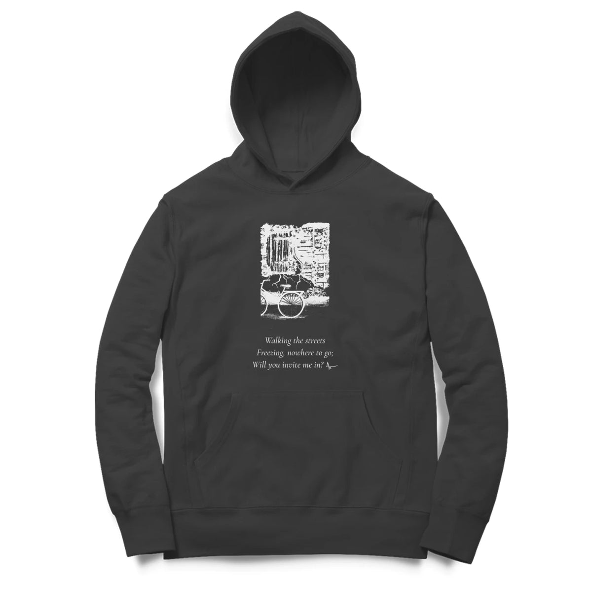 Window & Cart Hoodie – Sketch + poem front – Black (front)