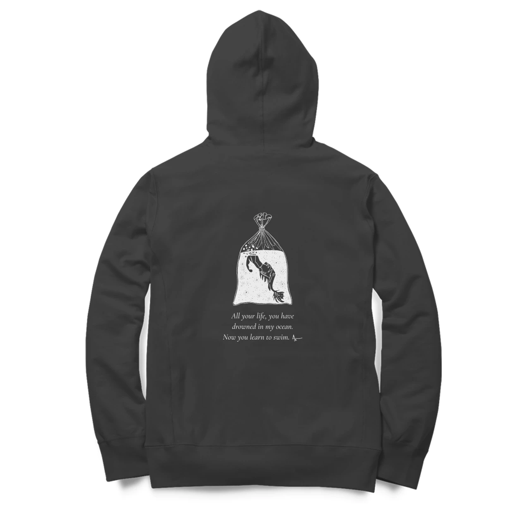 Fish in a Bag Hoodie (Black, Ak chest logo front / sketch + quote back (Ak logo))