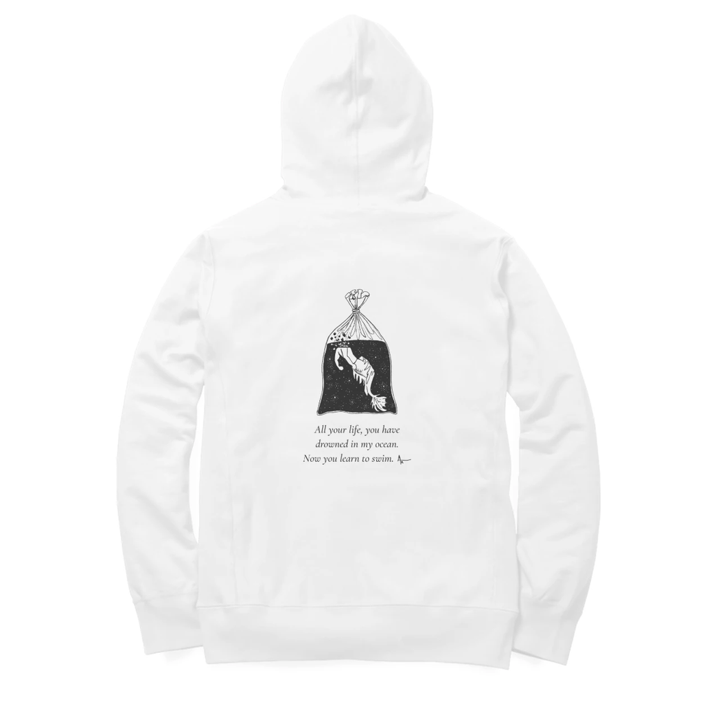 Fish in a Bag Hoodie (White, Ak chest logo front / sketch + quote back (Ak logo))