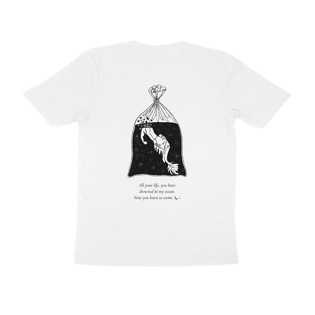 Fish in a Bag Tee (White, Ak chest logo front / sketch + quote back (Ak logo))