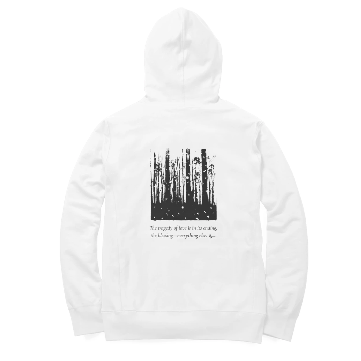 Forest Hoodie (White, Ak chest logo front / sketch + quote back (Ak logo))