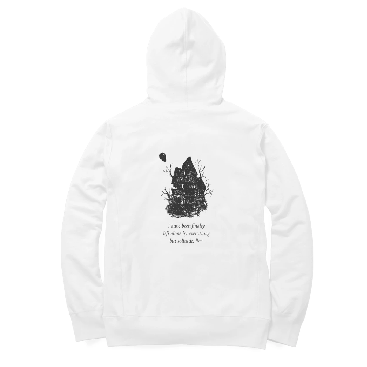 Haunted House Hoodie (White, Ak chest logo front / sketch + quote back (Ak logo))