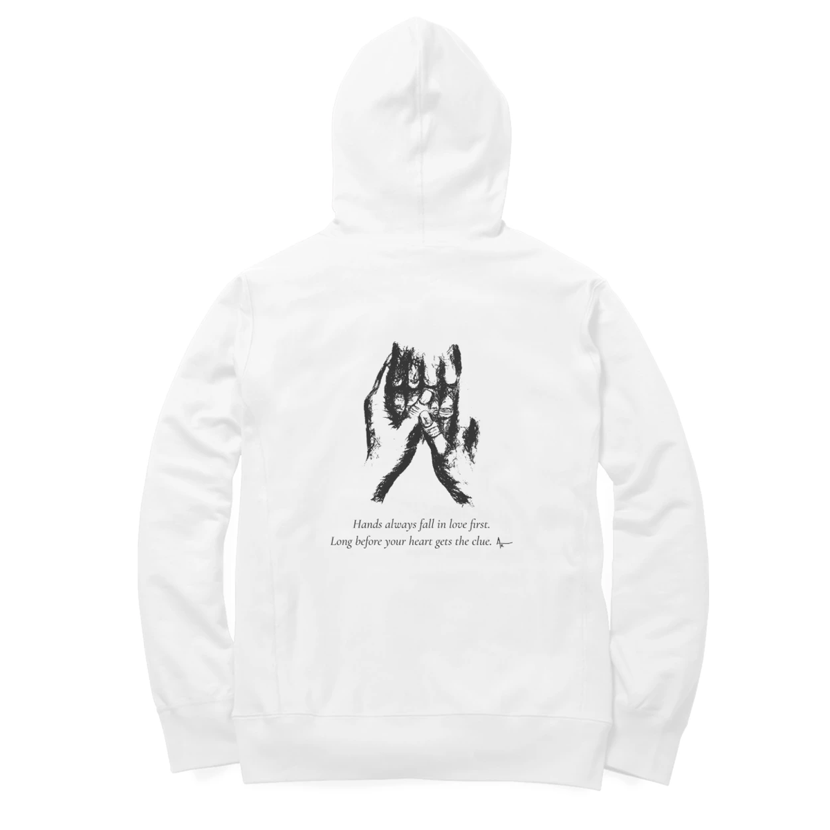 Held Hands Hoodie (White, Ak chest logo front / sketch + quote back (Ak logo))