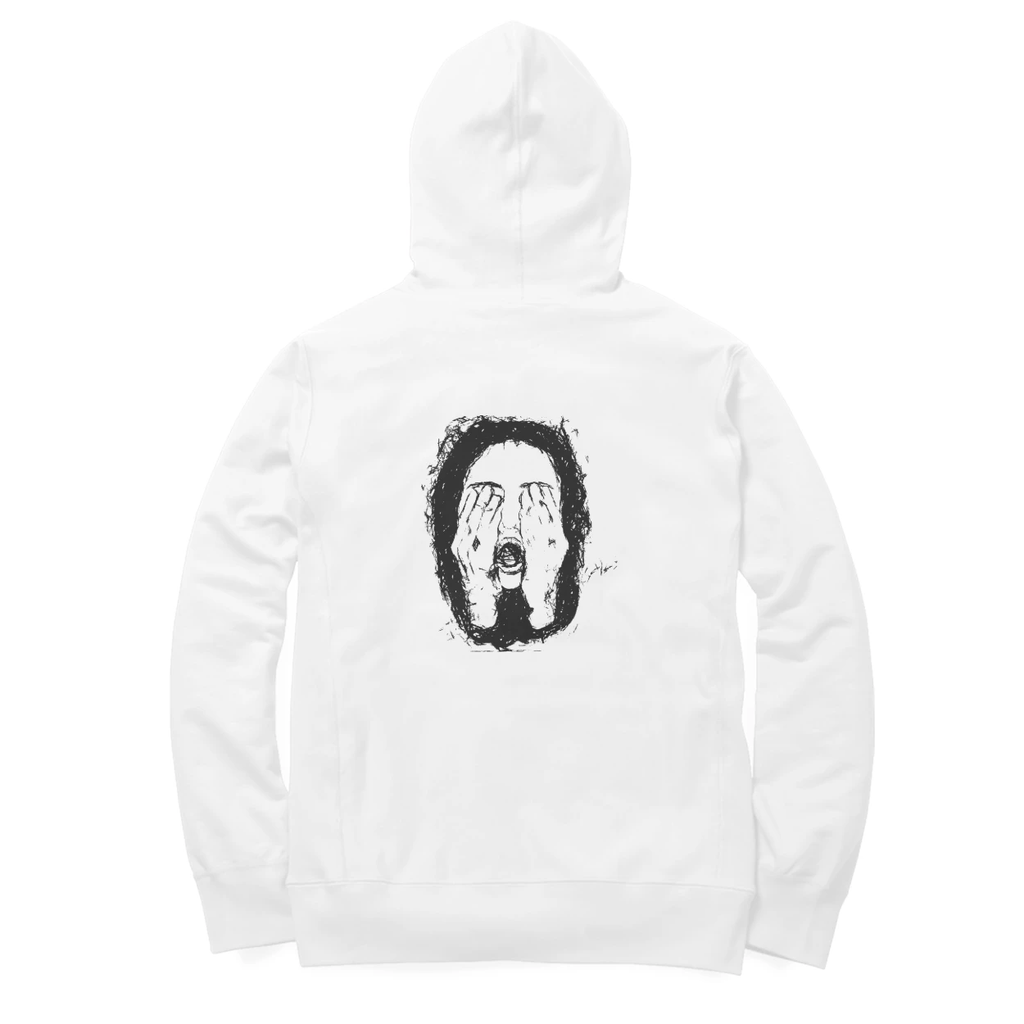Hidden Face Hoodie (White, Quote front / sketch back)