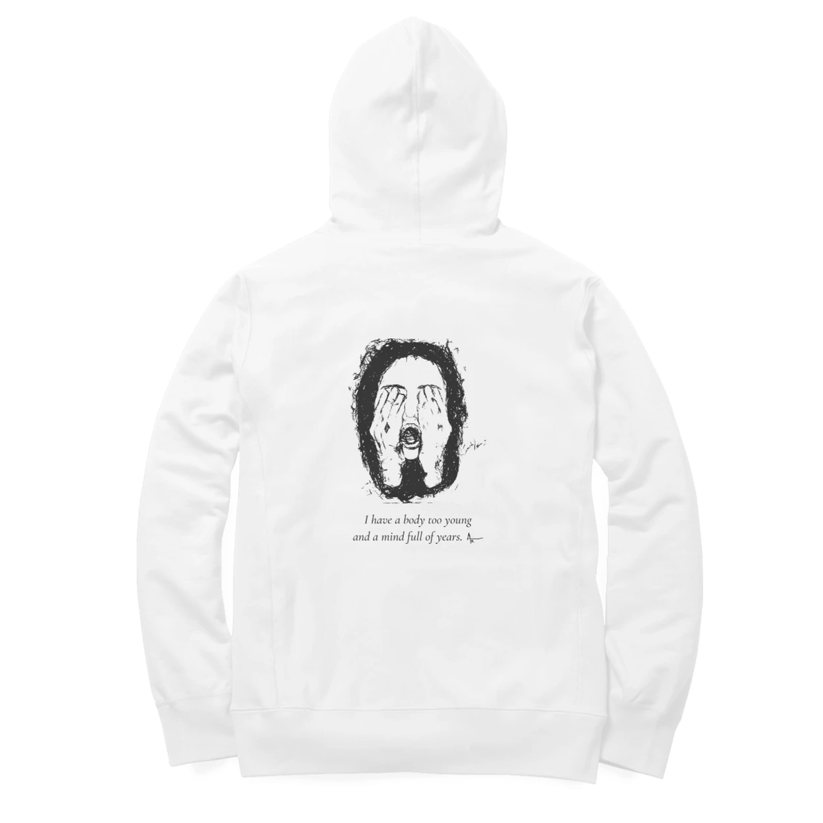 Hidden Face Hoodie (White, Ak chest logo front / sketch + quote back (Ak logo))