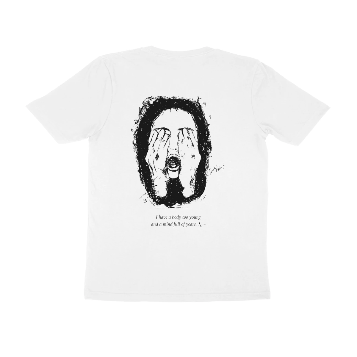 Hidden Face Tee (White, Ak chest logo front / sketch + quote back (Ak logo))