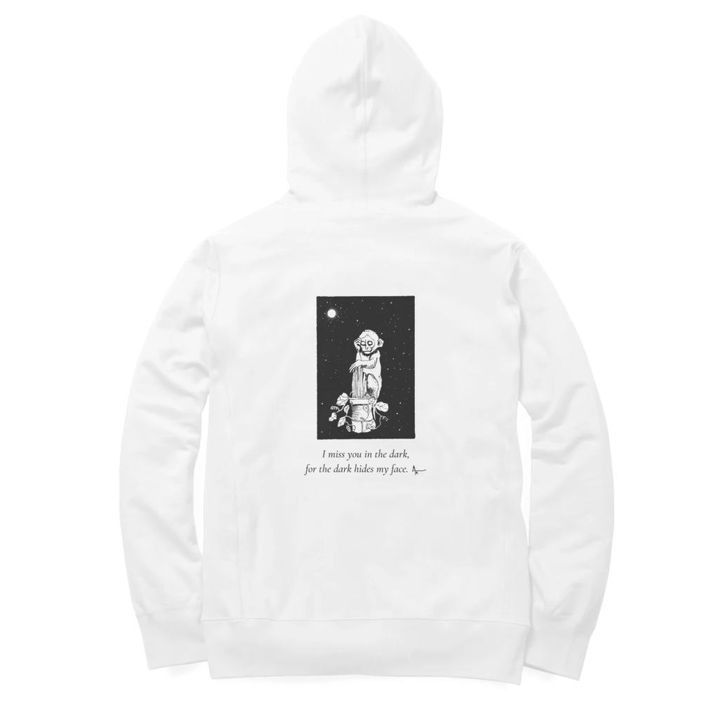 Night Figure Hoodie (White, Ak chest logo front / sketch + quote back (Ak logo))