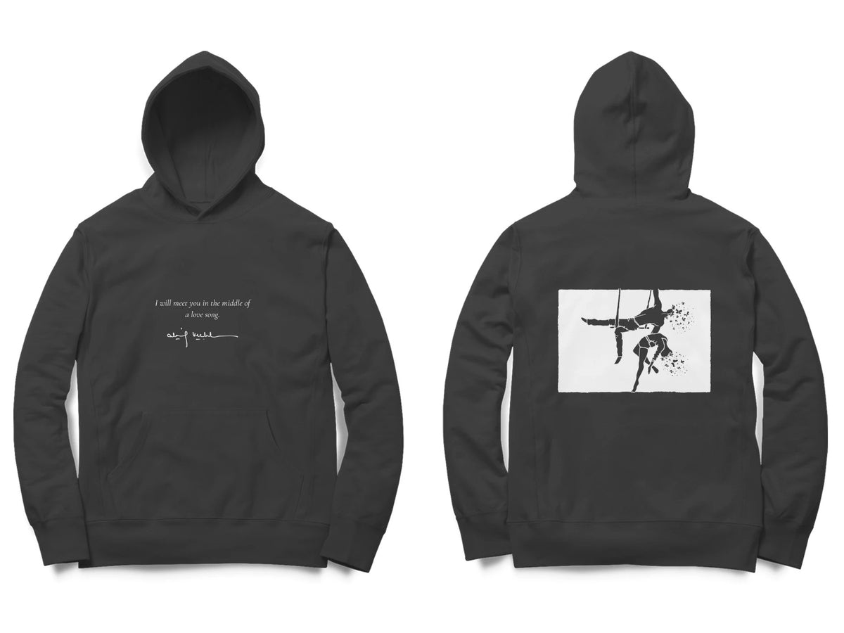 Aerialists Hoodie – Poem front, sketch back – Black (front and back)