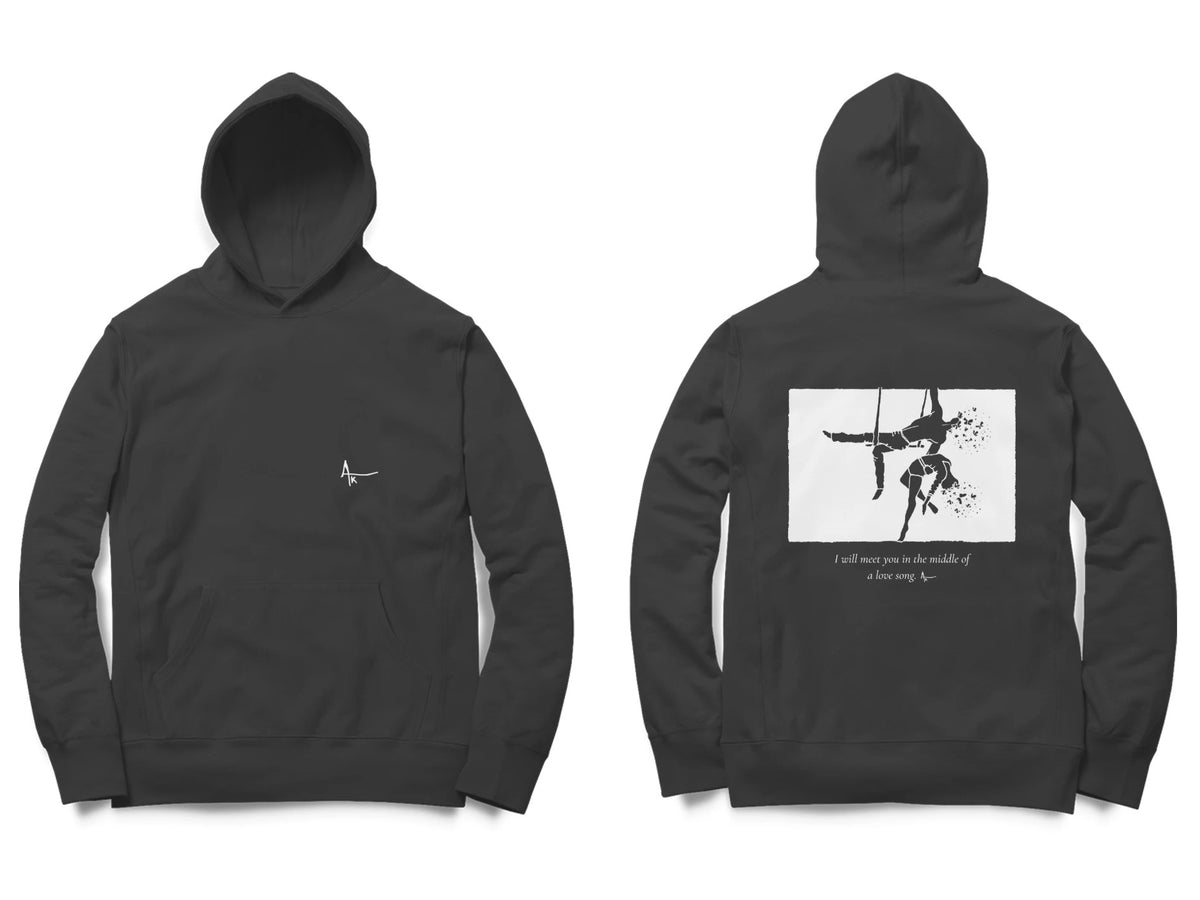 Aerialists Hoodie – Ak logo front, sketch + poem back – Black (front and back)