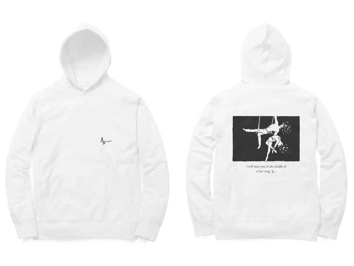 Aerialists Hoodie – Ak logo front, sketch + poem back – White (front and back)