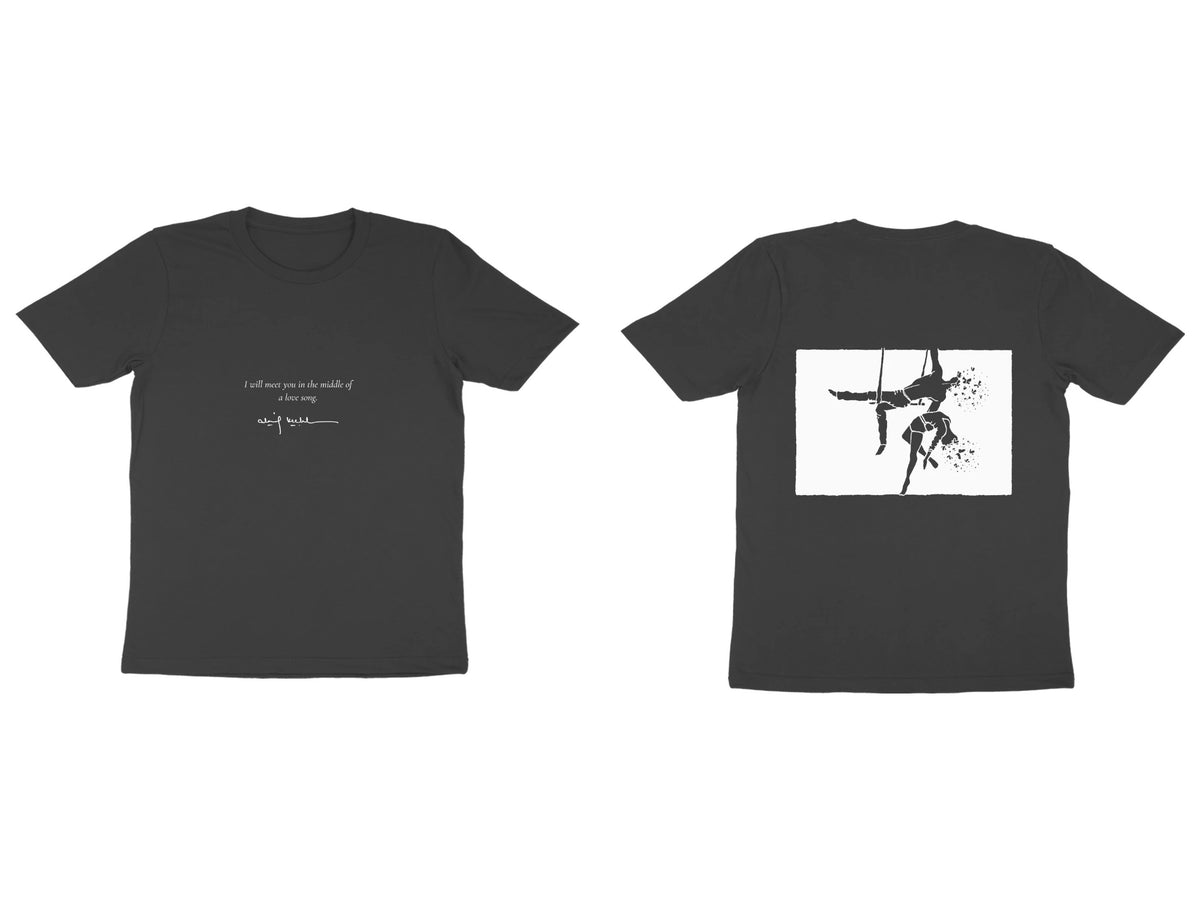 Aerialists Tee – Poem front, sketch back – Black (front and back)