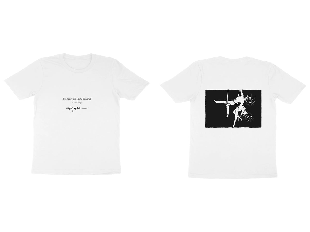 Aerialists Tee – Poem front, sketch back – White (front and back)