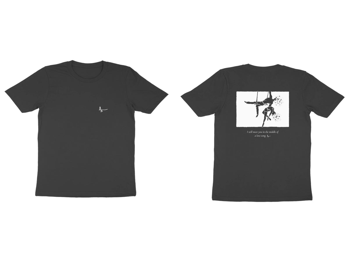 Aerialists Tee – Ak logo front, sketch + poem back – Black (front and back)