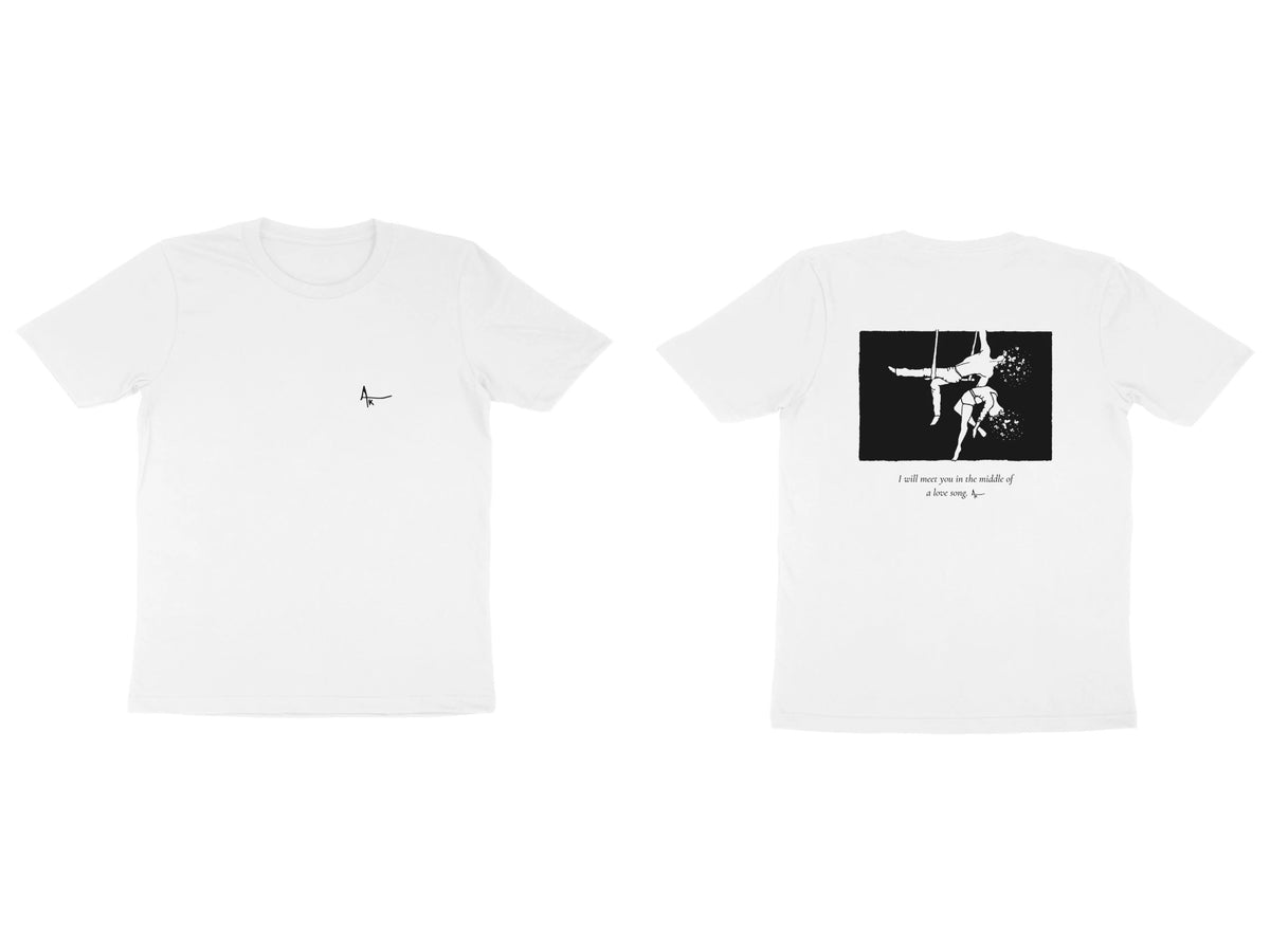 Aerialists Tee – Ak logo front, sketch + poem back – White (front and back)