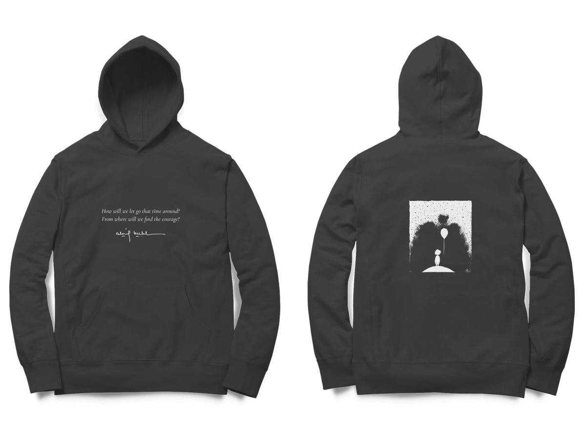 Balloon Girl Hoodie – Poem front, sketch back – Black (front and back)
