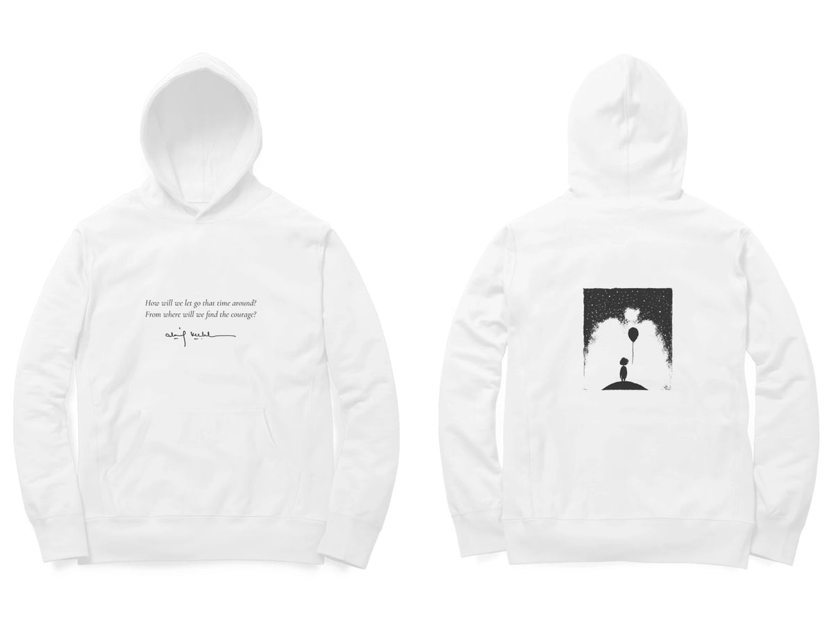 Balloon Girl Hoodie – Poem front, sketch back – White (front and back)