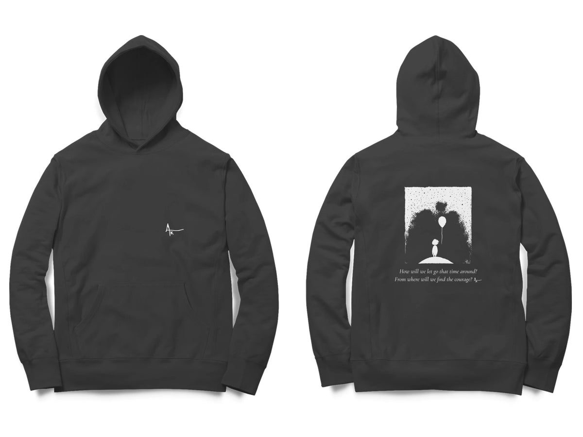 Balloon Girl Hoodie – Ak logo front, sketch + poem back – Black (front and back)