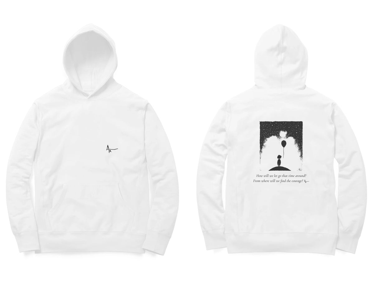 Balloon Girl Hoodie – Ak logo front, sketch + poem back – White (front and back)