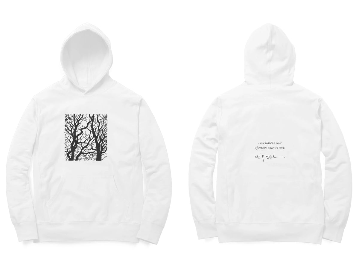 Bare Trees Hoodie – Sketch front, poem back – White (front and back)