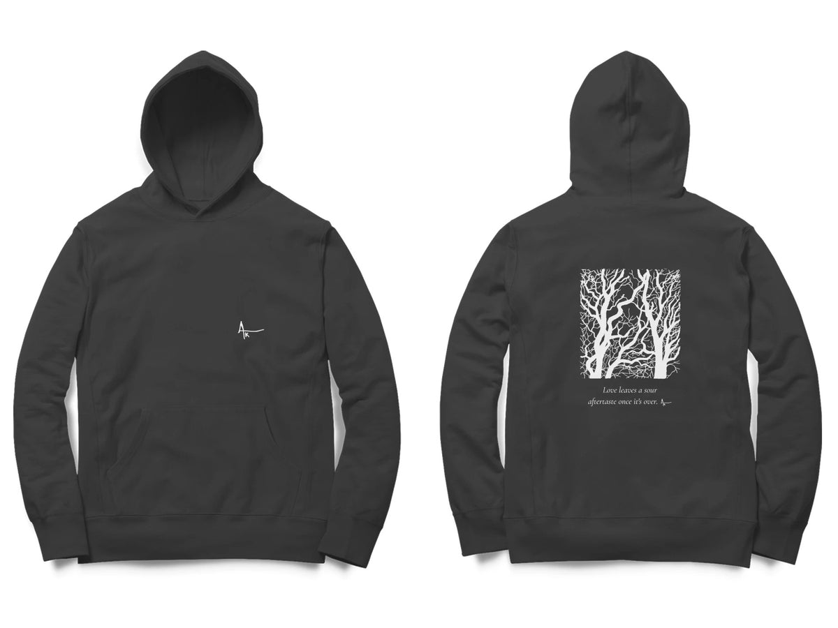 Bare Trees Hoodie – Ak logo front, sketch + poem back – Black (front and back)