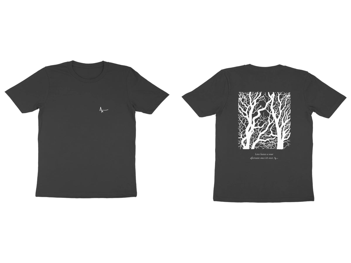 Bare Trees Tee – Ak logo front, sketch + poem back – Black (front and back)