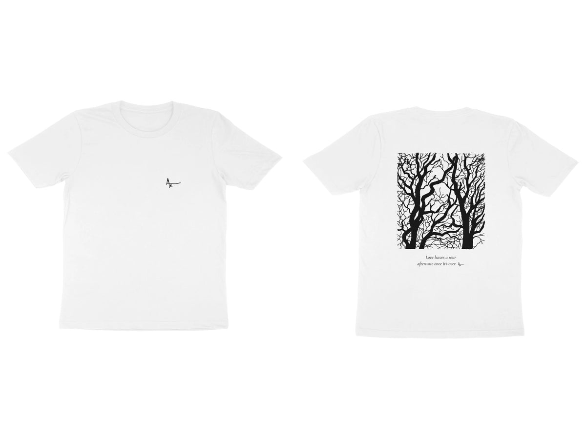 Bare Trees Tee – Ak logo front, sketch + poem back – White (front and back)