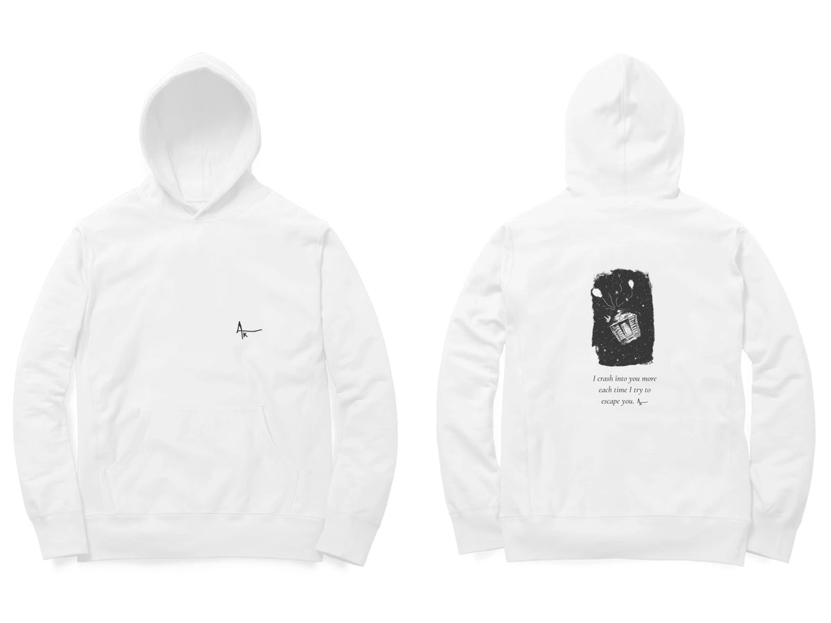 Basket of Light Hoodie – Ak logo front, sketch + poem back – White (front and back)