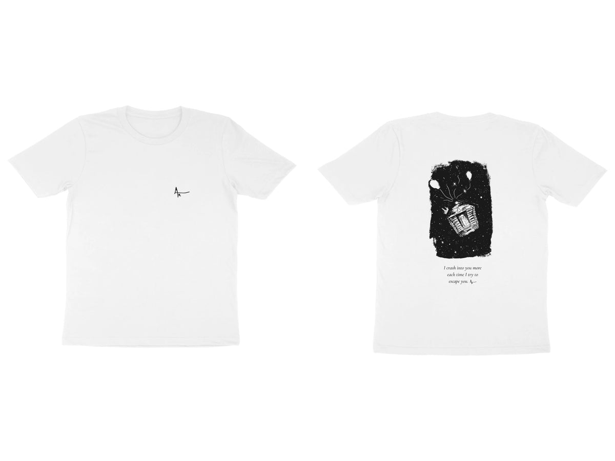 Basket of Light Tee – Ak logo front, sketch + poem back – White (front and back)