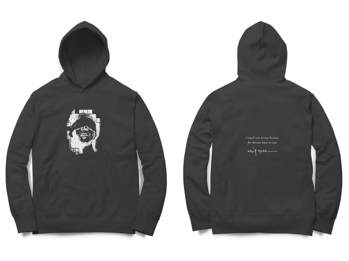 Blindfold Hoodie – Sketch front, poem back – Black (front and back)