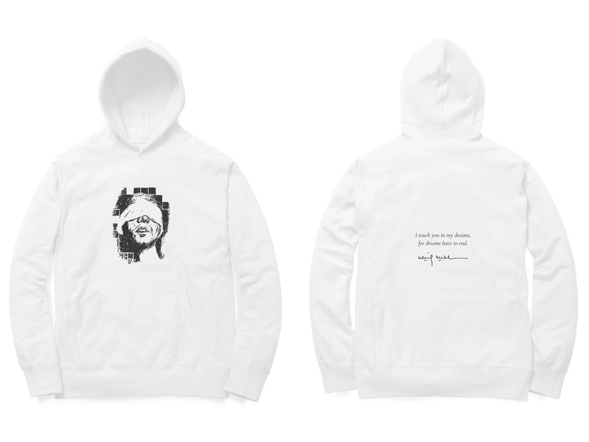 Blindfold Hoodie – Sketch front, poem back – White (front and back)